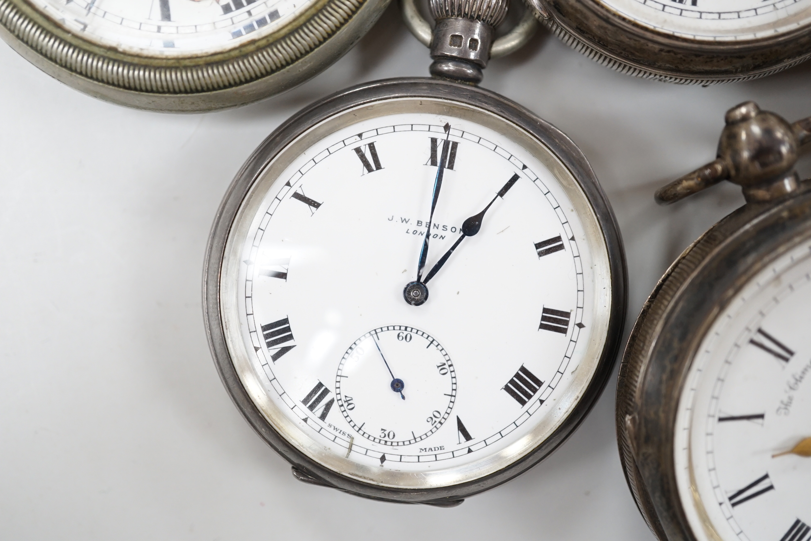 Six assorted pocket watches, including silver by J.W. Benson and gilt metal (a.f.).